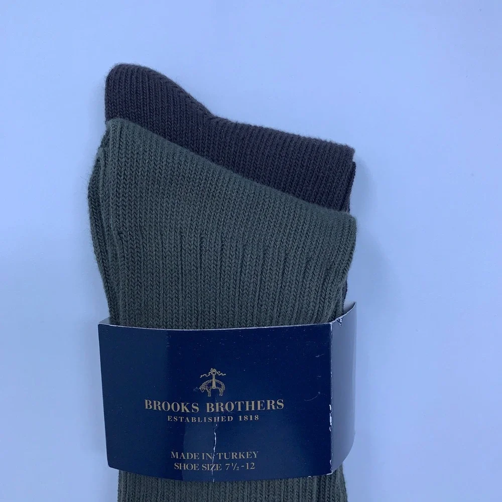 Brooks Brothers Mens One Size Brown Green Ribbed Cotton Blend Dress Socks 2-Pack